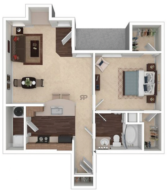 Floor plan for 1 bed, 1 bath, 783 sqft